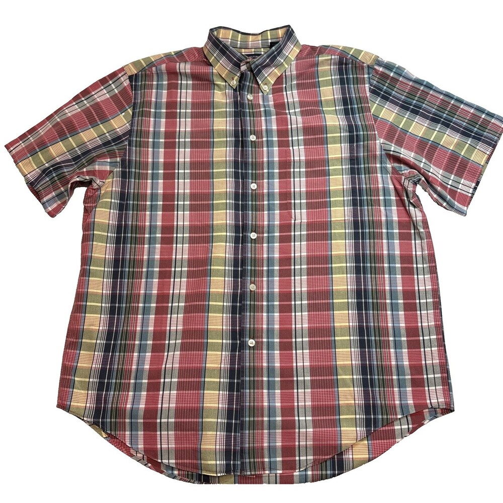 ROUNDTREE & YORKE Men's Short Sleeve Button Shirt Red Blue White Size Large EUC